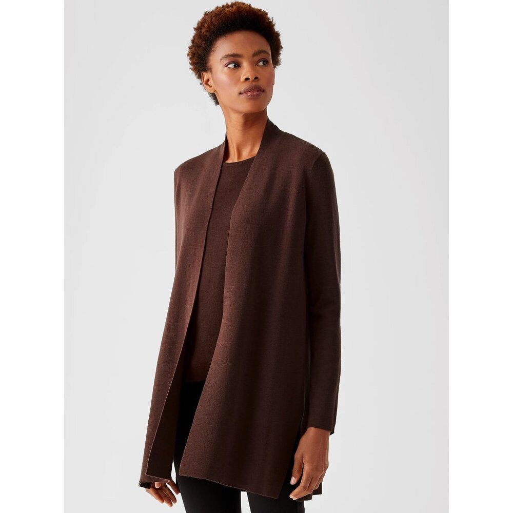 Eileen Fisher Womens Size XXS 100% Brown Merino Wool Longline Cardigan Sweater